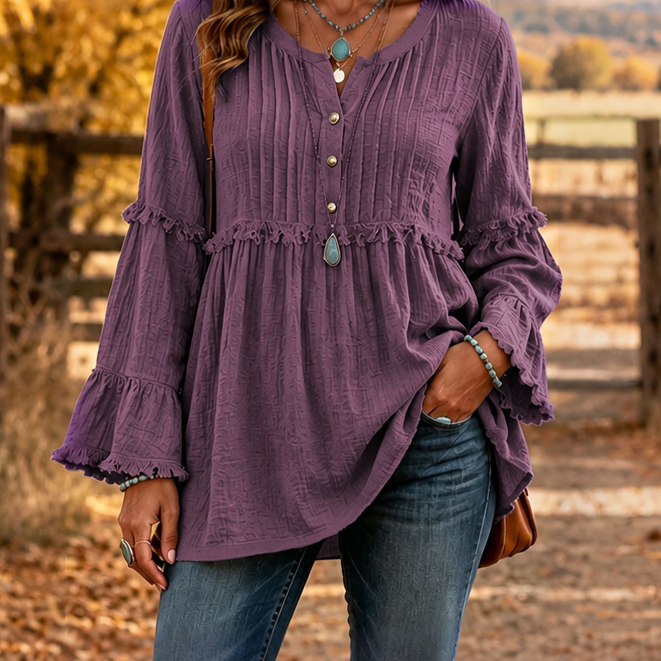 Women's Loose Long Sleeve V-Neck T-Shirt with Lace Trim