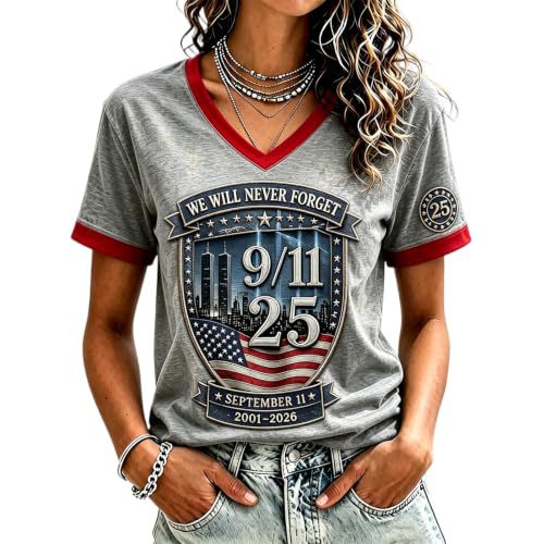 Twin Towers Anniversary Print V-Neck Short Sleeve Women's T-Shirt
