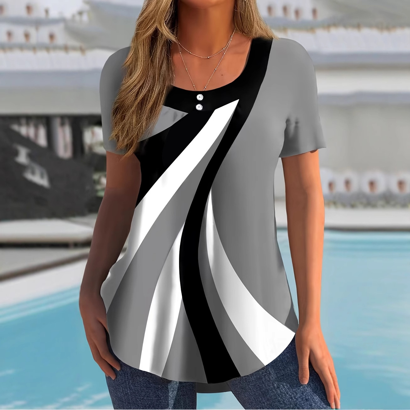 Women's Geometric Button Short-Sleeve T-Shirt