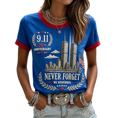 911 Twin Towers Ribbon Flag Print Short Sleeve T-Shirt