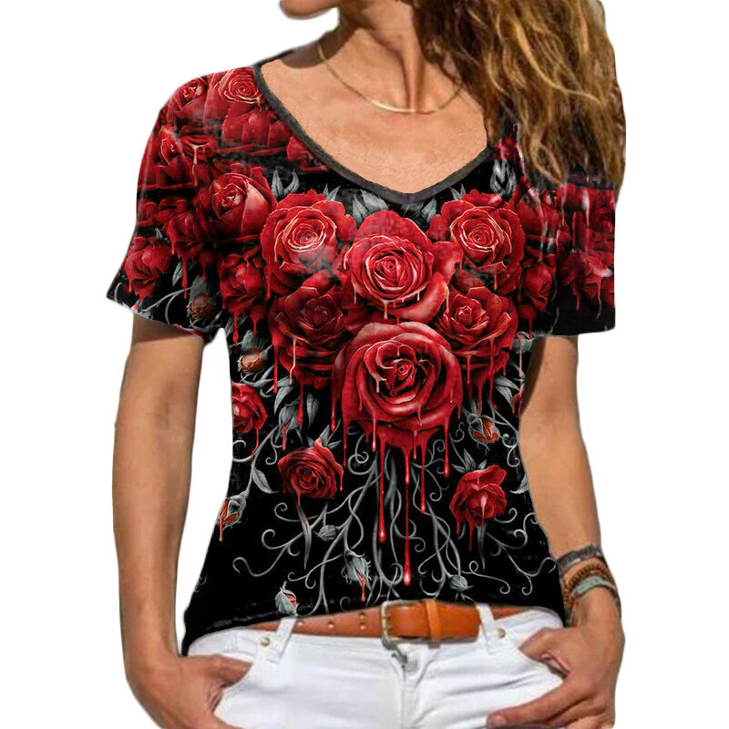 Women's Short Sleeve Rose Print T-Shirt Casual Round Neck Top