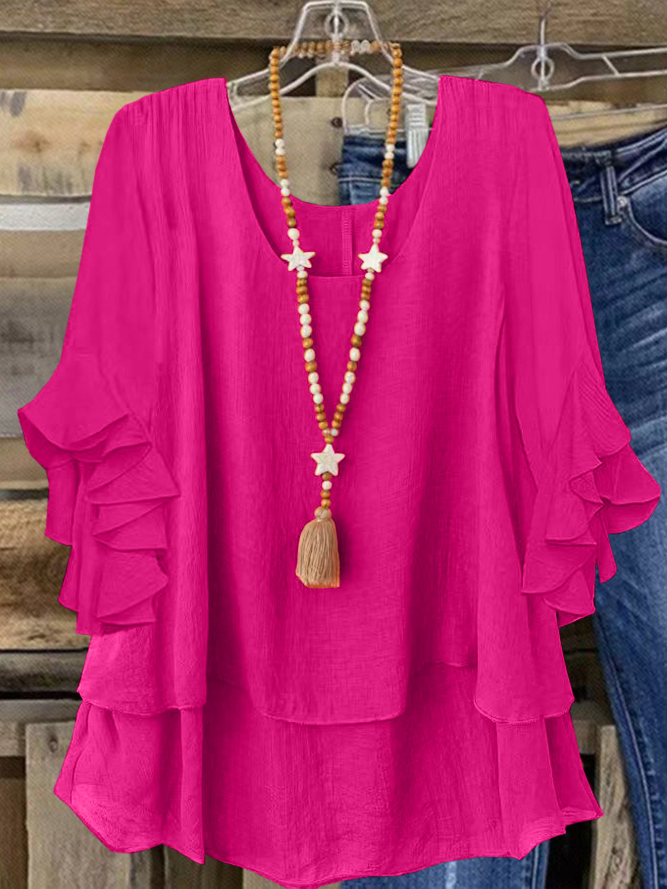 Women's Round Neck Flared Sleeve Loose Fit Casual Top