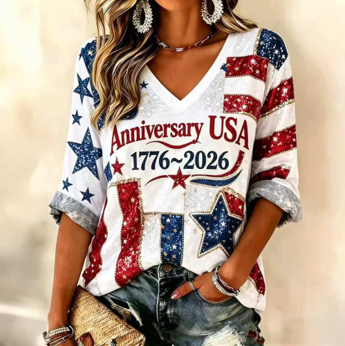 Women's American Flag Firework Print V-Neck Short Sleeve T-Shirt