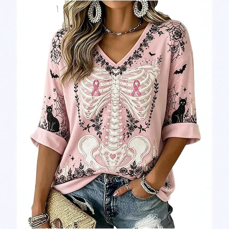 Skeleton Floral Ribbon Print V-Neck Half-Sleeve T-Shirt