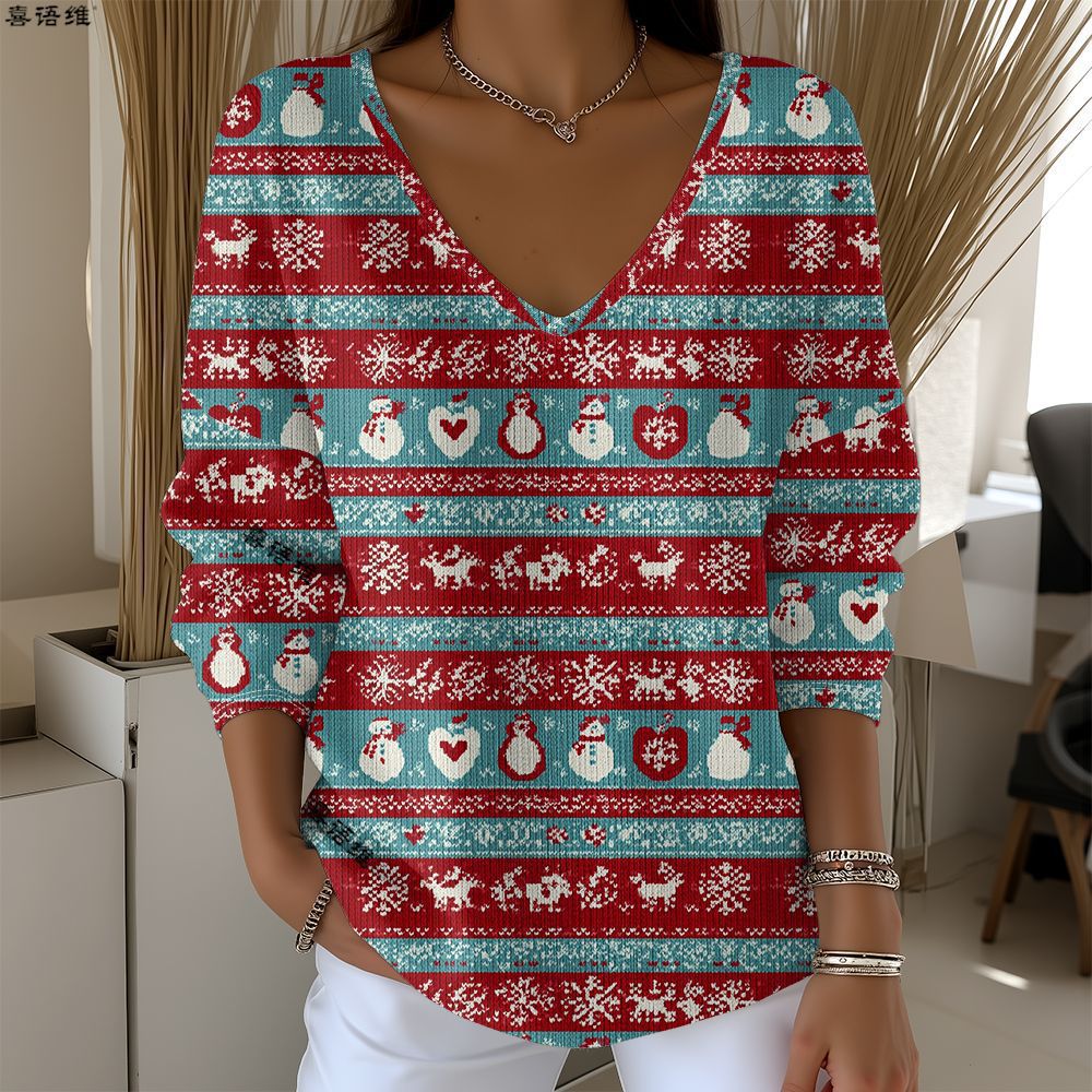 Christmas Snowman Reindeer Bow Print V-Neck Long Sleeve T-Shirt