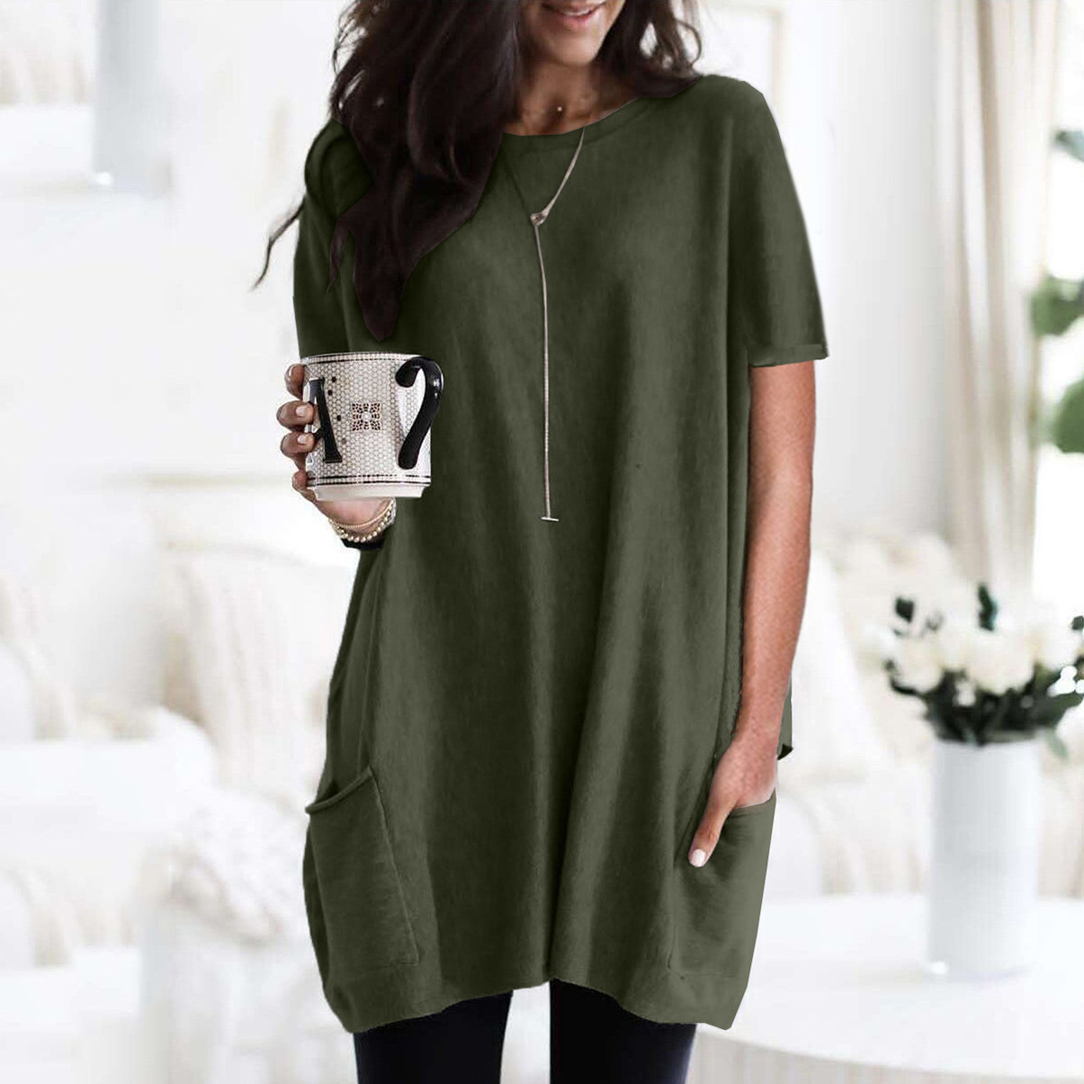 Women's Long Sleeve Pocket T-Shirt Casual Loose Fit Crew Neck Top