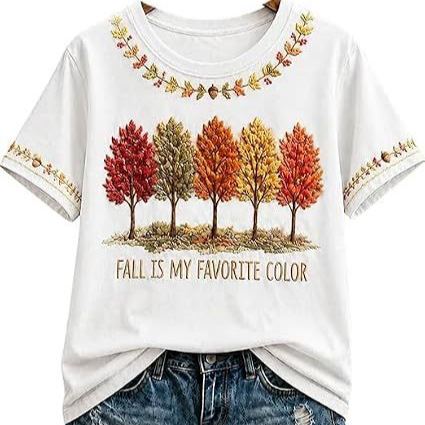 Summer Tree Letter Maple Leaf Print Short Sleeve T-Shirt