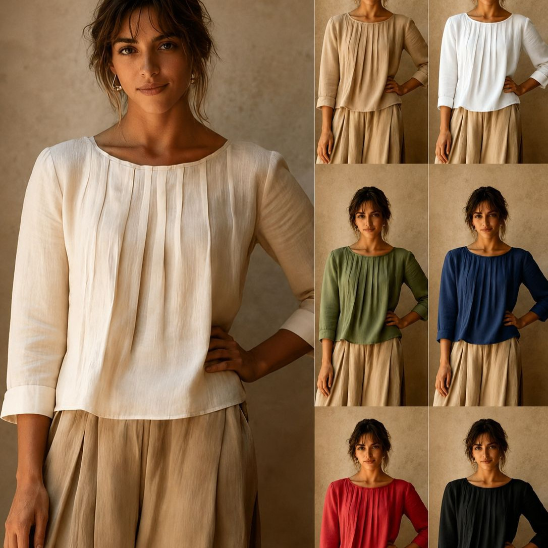 2026 New Cross-Border Summer Women's Cotton-Linen Top Loose Slimming Pleated Round Neck Eight-Sleeve Shirt Solid Color Casual