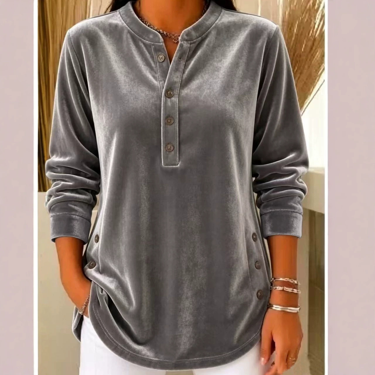 Women's Velvet V-Neck Button Long-Sleeve Loose Fit T-Shirt