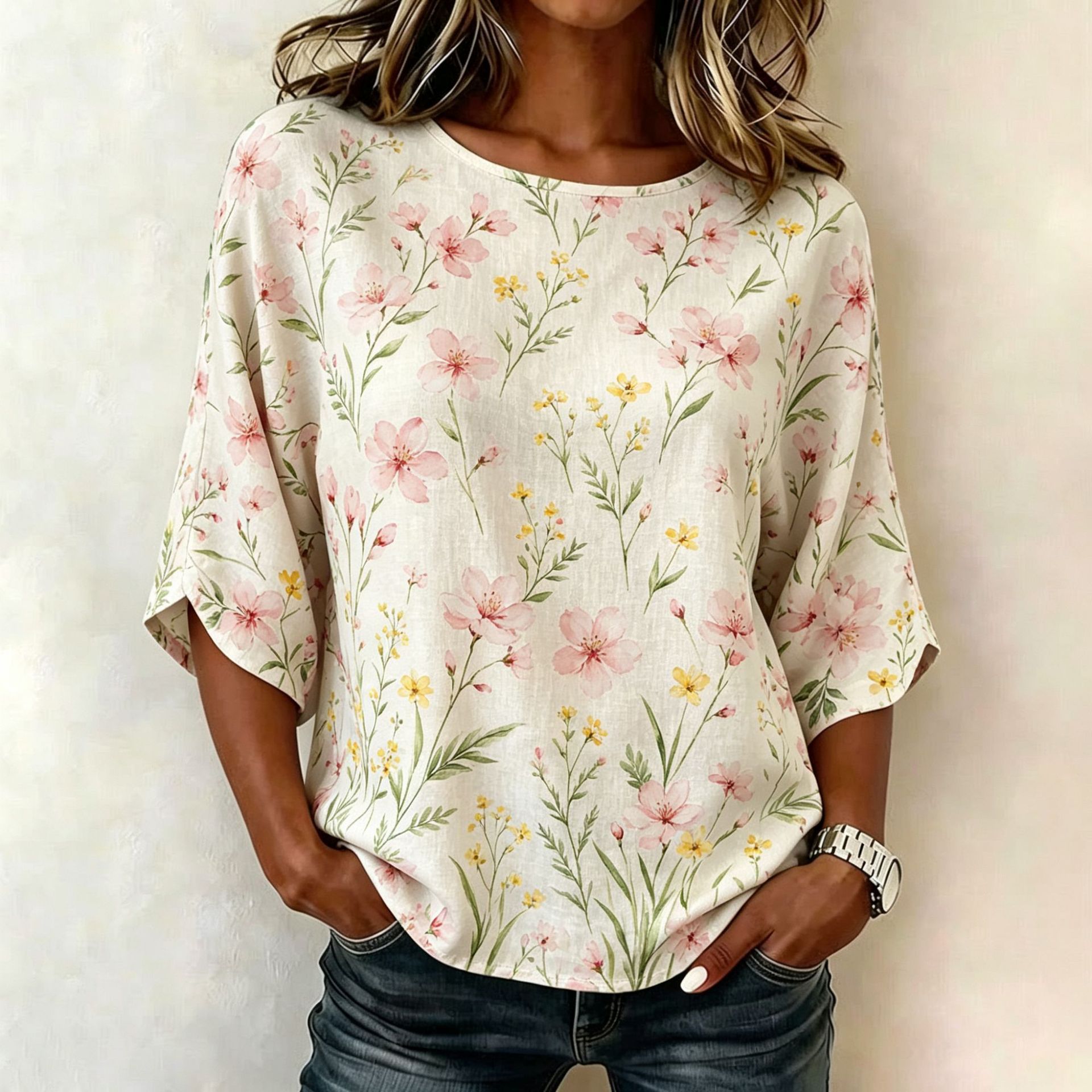 Floral Plaid Print Mid-Sleeve Women's Top