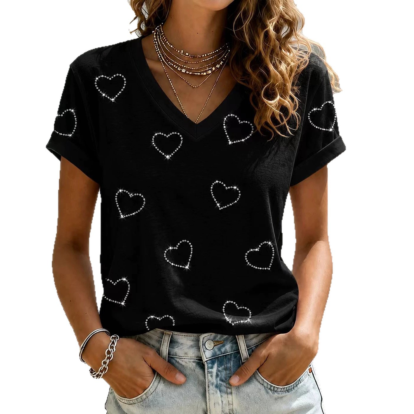 Heart Print Loose Fit Short Sleeve V-Neck Top