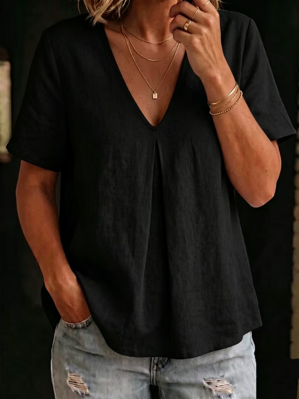 Cotton-Linen V-Neck Short-Sleeve Loose Fit Top for Women