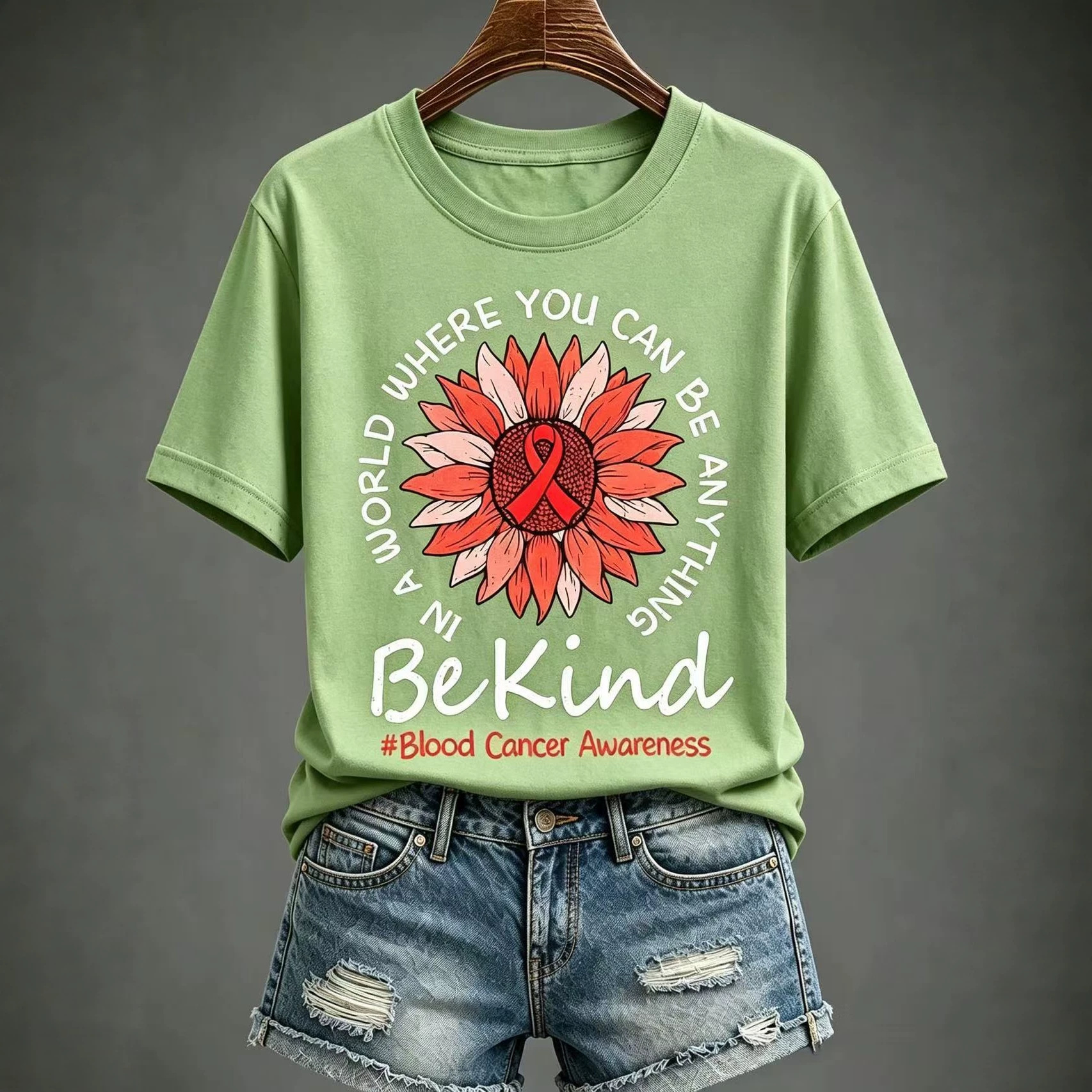 Sunflower Red Ribbon Letter Print Women's V-Neck Short Sleeve T-Shirt