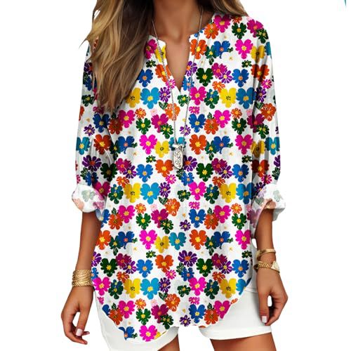 Women's Floral Polka Dot Print V-Neck Long Sleeve T-Shirt