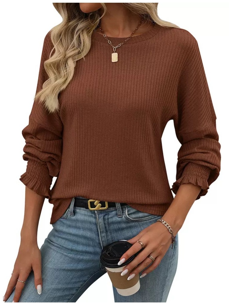 Women's Ribbed Knit Crewneck Long Sleeve Loose T-Shirt