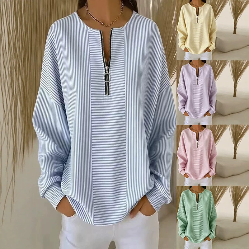 Striped Zip-Up Long-Sleeve Drop-Shoulder Crewneck T-Shirt