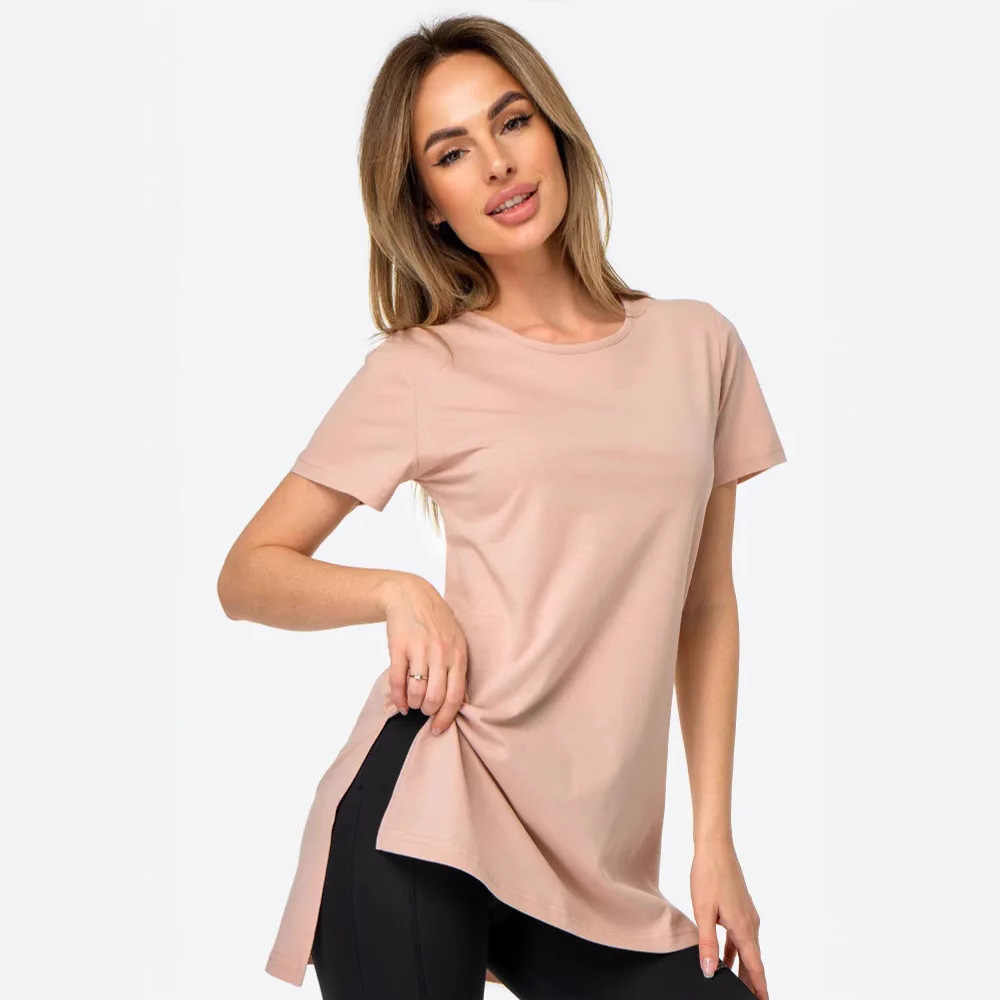 Women's Loose Crewneck Short Sleeve Split Knit Top