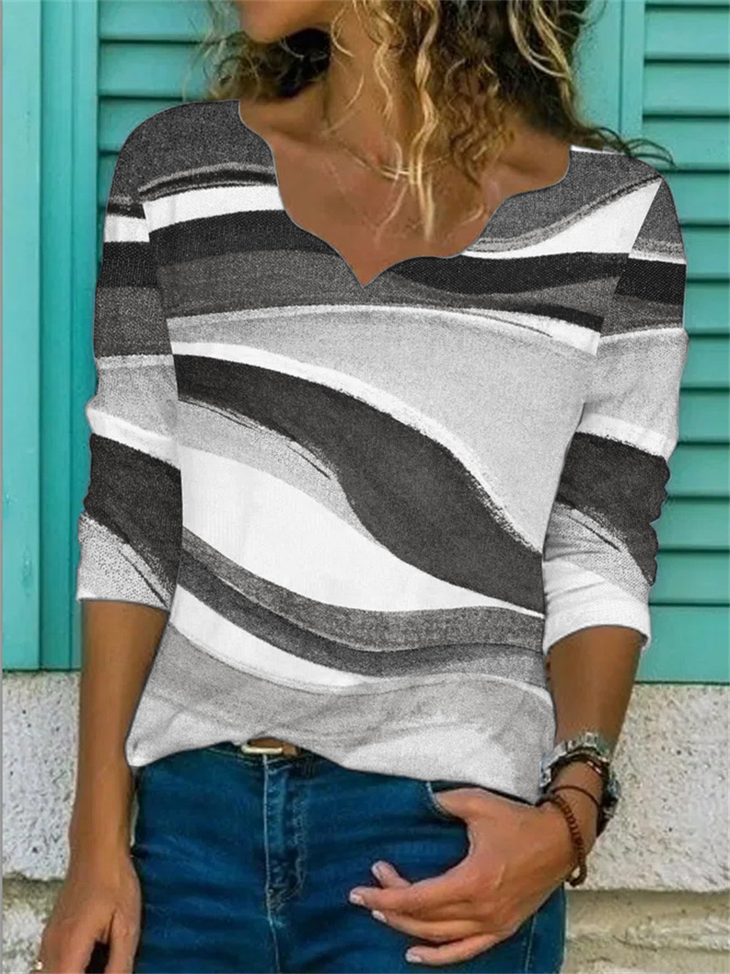 Geometric Print Long Sleeve Lace Collar T-Shirt for Women