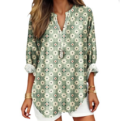 Women's Floral Polka Dot Print V-Neck Long Sleeve T-Shirt