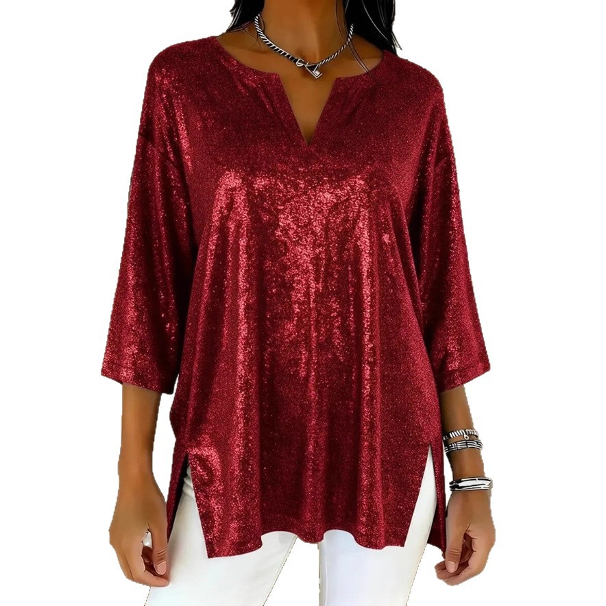 Women's Sparkly Sequin V-Neck Long Sleeve Christmas Top