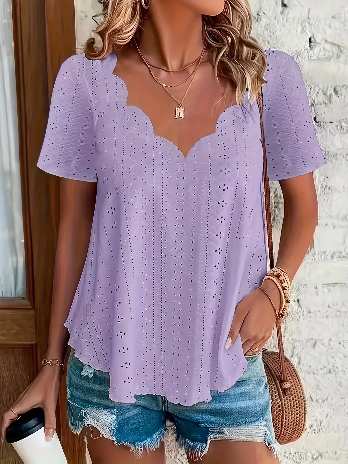 Women's Comfortable Breathable Jacquard Short-Sleeve V-Neck Top