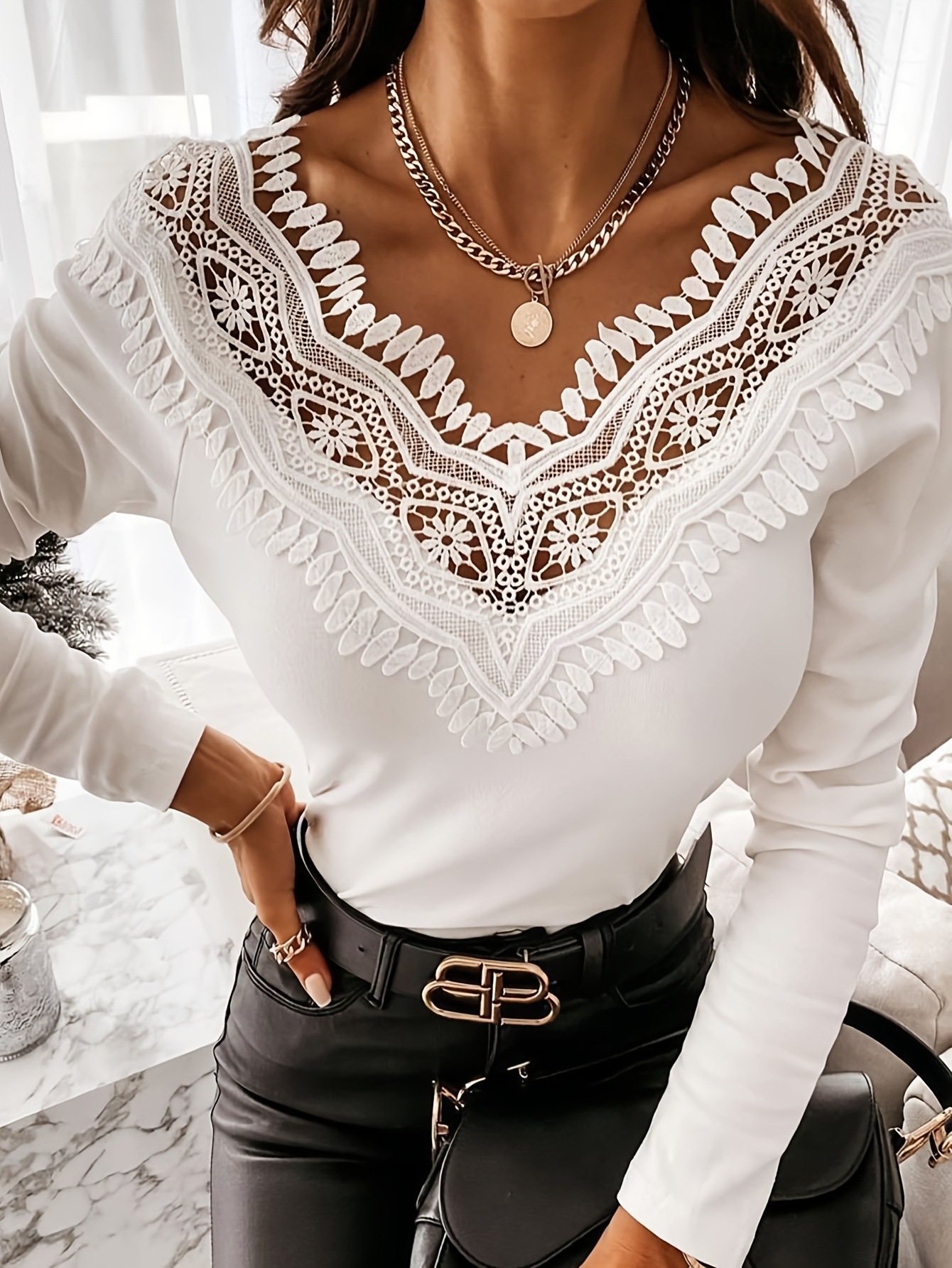 Women's Double V Lace V-Neck Pullover Knit Top