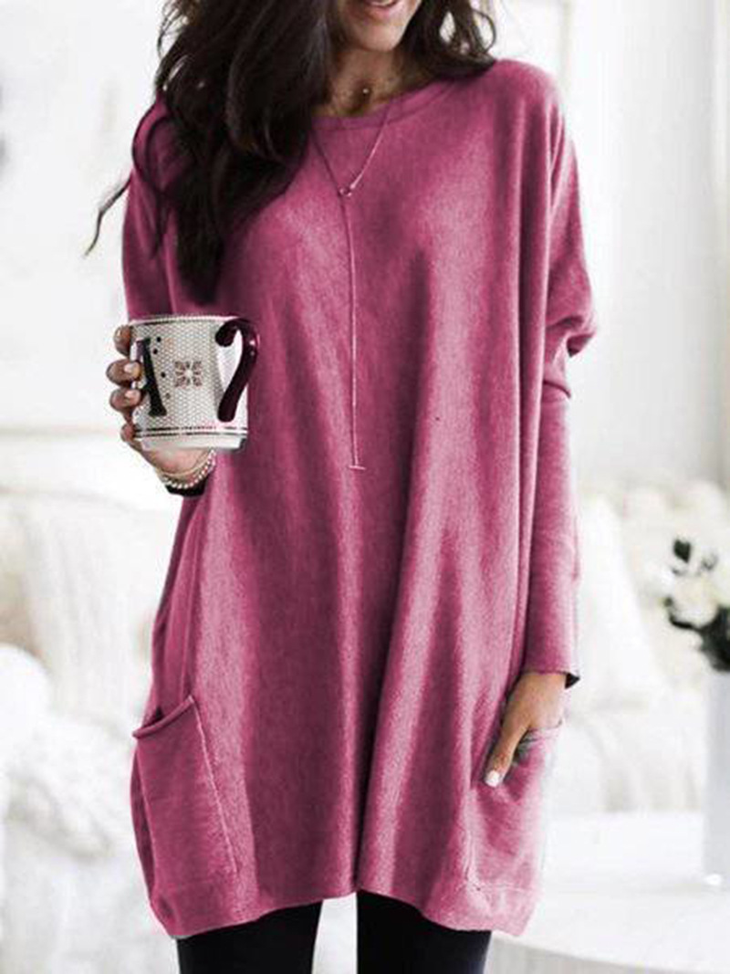 Women's Long Sleeve Pocket T-Shirt Casual Loose Fit Crew Neck Top