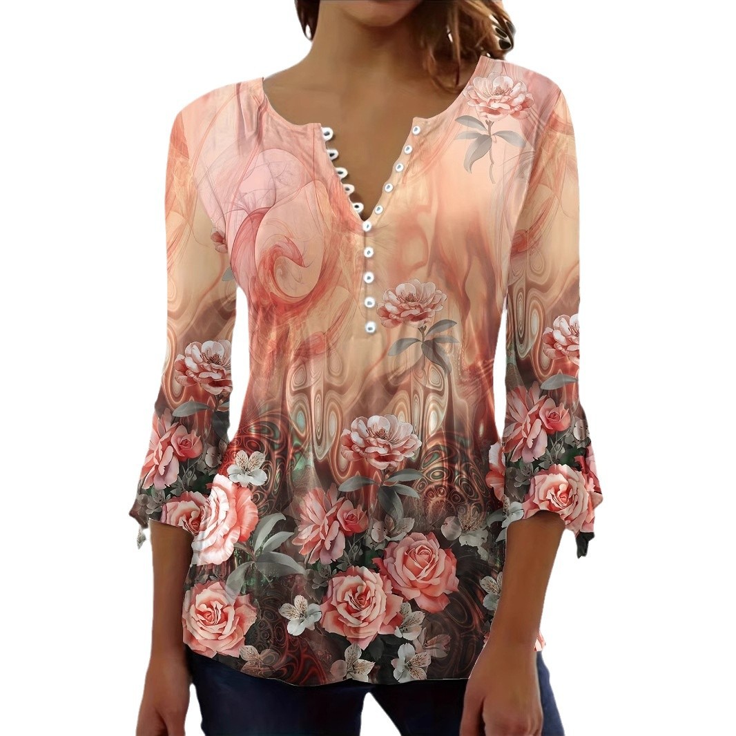 Women's Floral Print Button Bell Sleeve Three-Quarter Sleeve T-Shirt Top