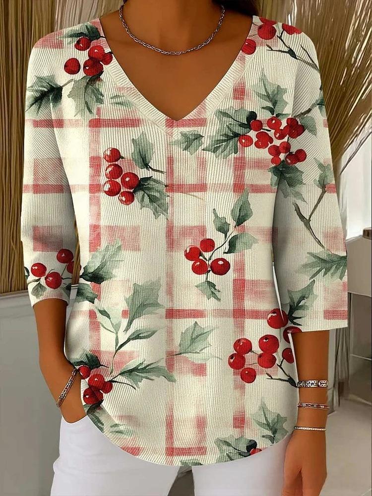 Halloween Plant & Tree Print V-Neck Long-Sleeve T-Shirt for Women