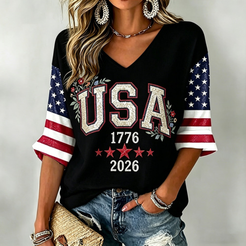 Women's American Flag Firework Print V-Neck Short Sleeve T-Shirt