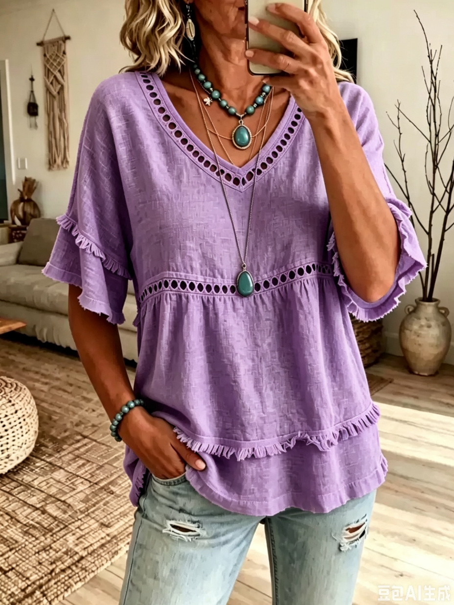 Women's Loose Fit V-Neck Mid-Sleeve T-Shirt