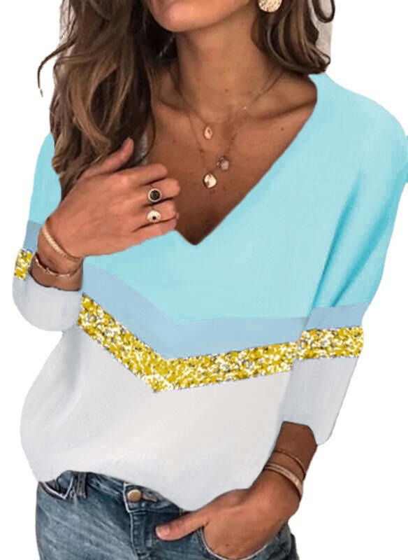 Women's Loose Fit Printed V-Neck Long Sleeve T-Shirt