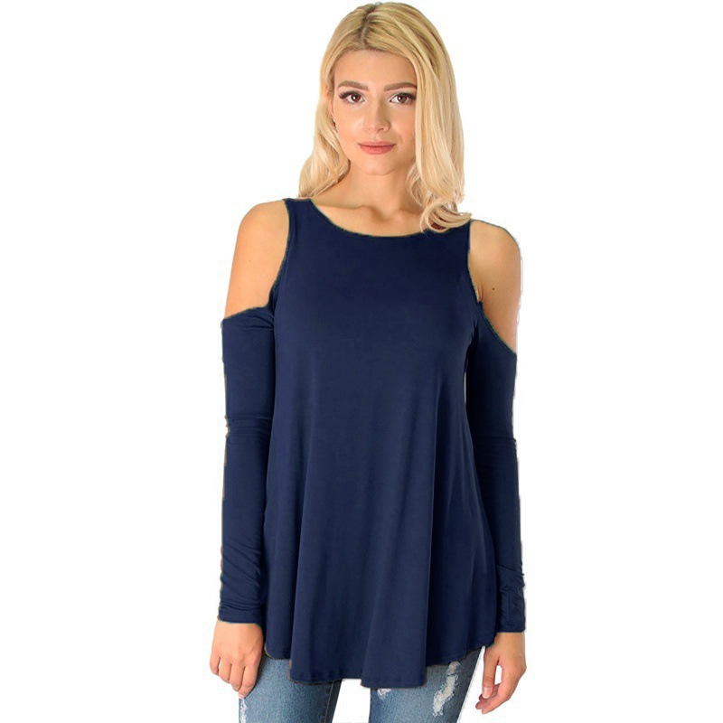 Women's Off-Shoulder Long-Sleeve Solid Color Loose Fit T-Shirt Plus Size