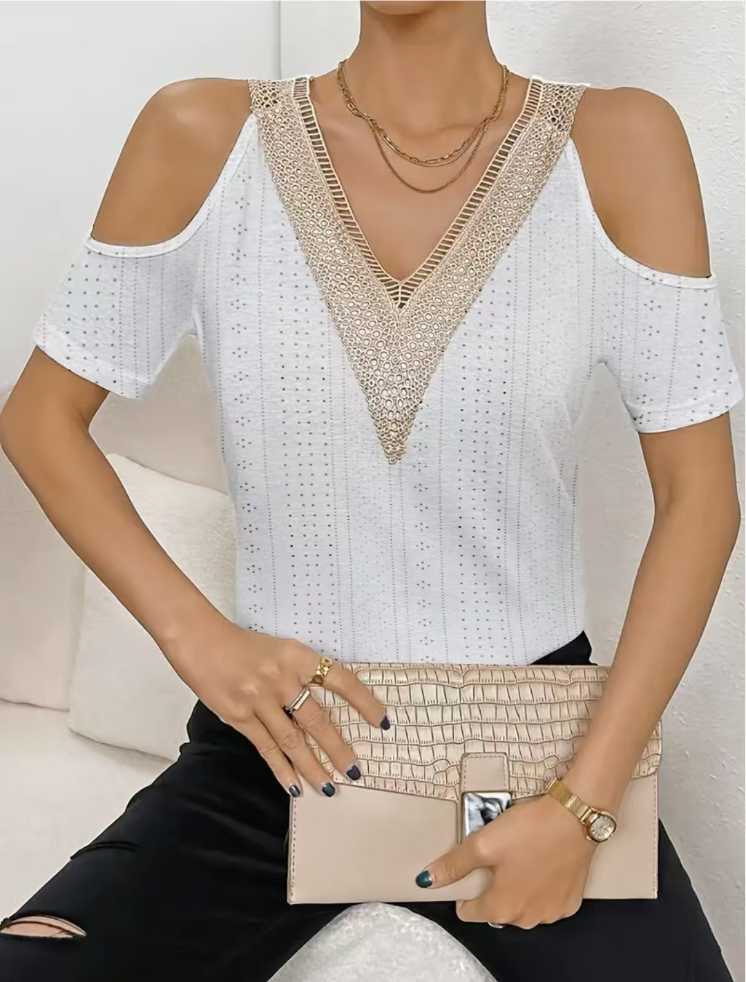 Women's Lace Trim V-Neck Cold Shoulder Short Sleeve Top