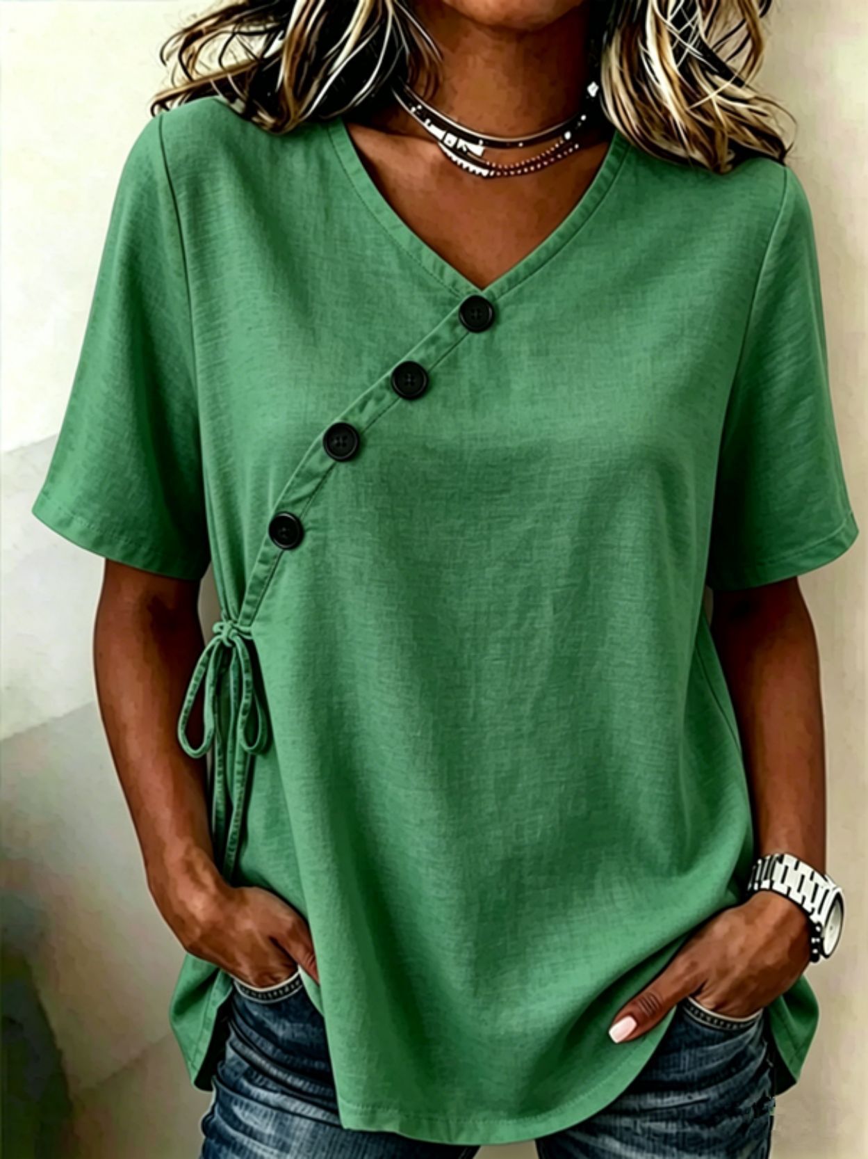 Women's Solid V-Neck Short Sleeve Cotton-Linen Tie Button Loose Casual T-Shirt