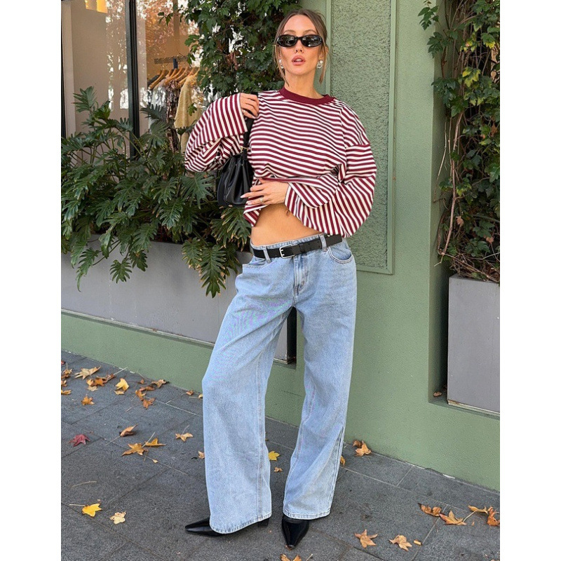 Korean Lazy Style Loose Crewneck Long Sleeve Striped T-Shirt