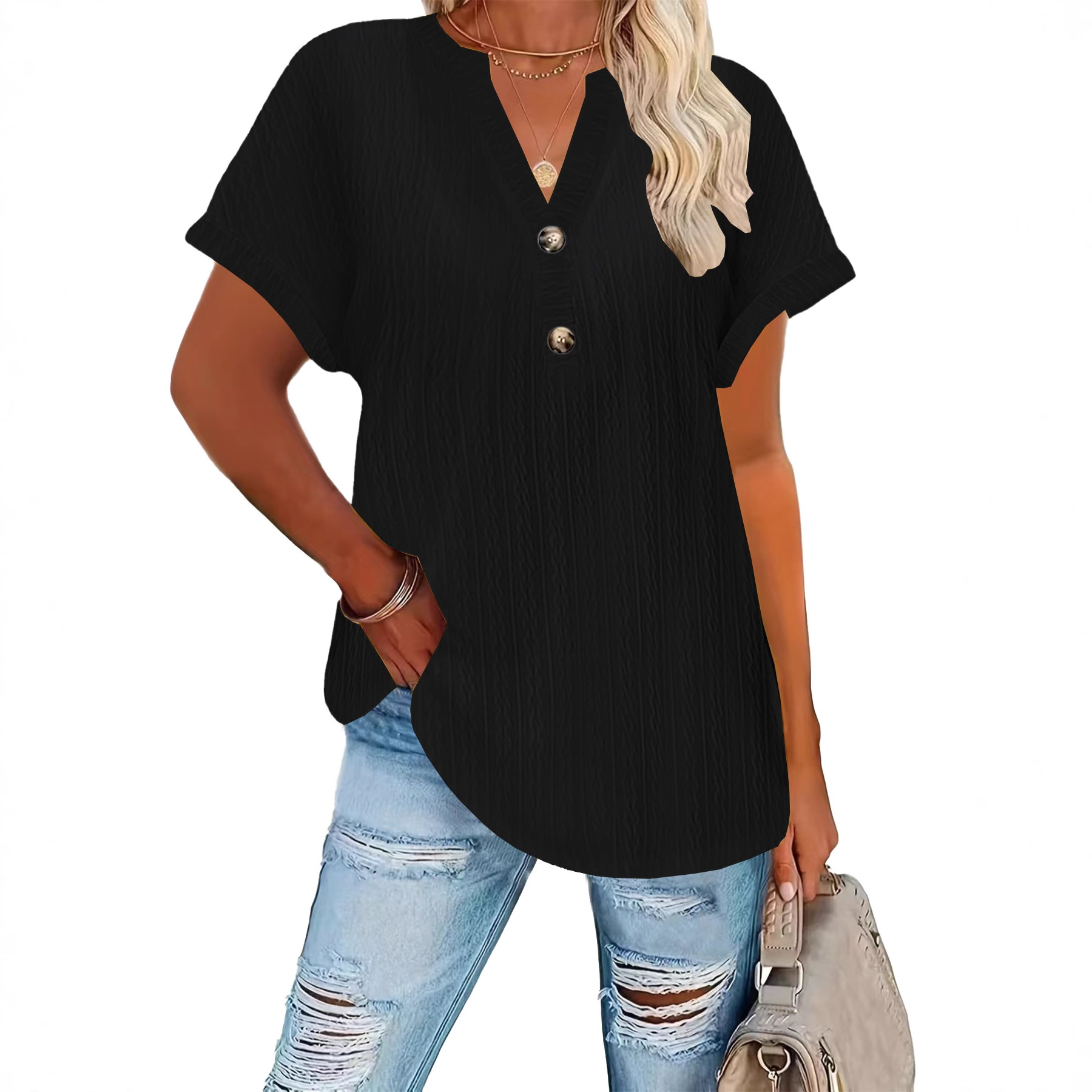 Women's Casual Solid Button V-Neck Short Sleeve T-Shirt