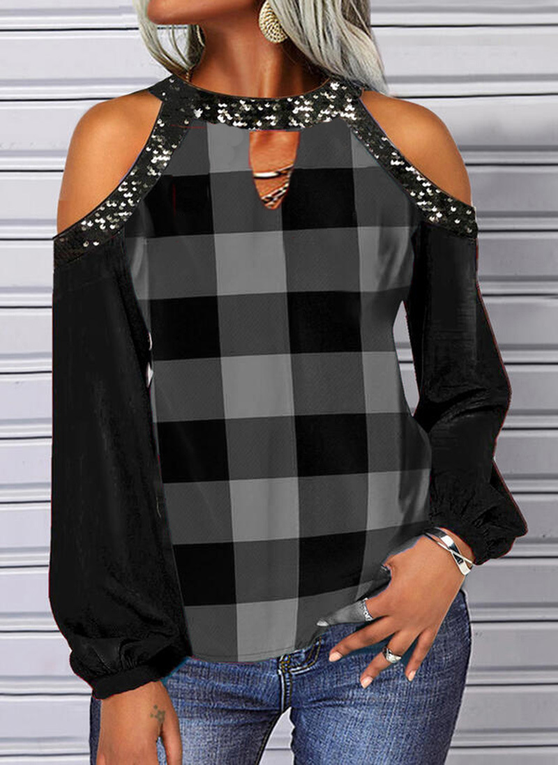 Women's Plaid Print Cold-Shoulder Long-Sleeve T-Shirt