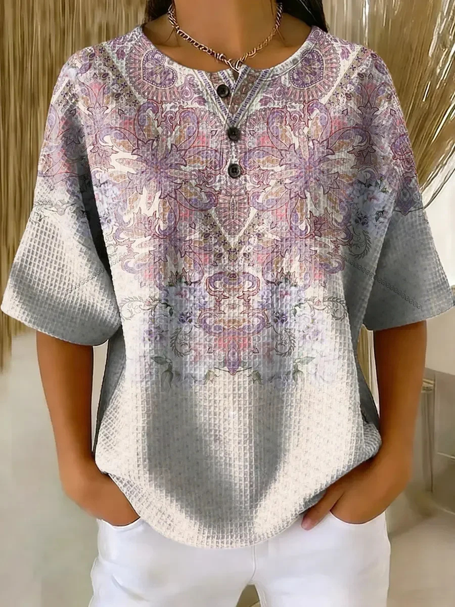 Floral Plaid Print Crewneck Short Sleeve Button Top