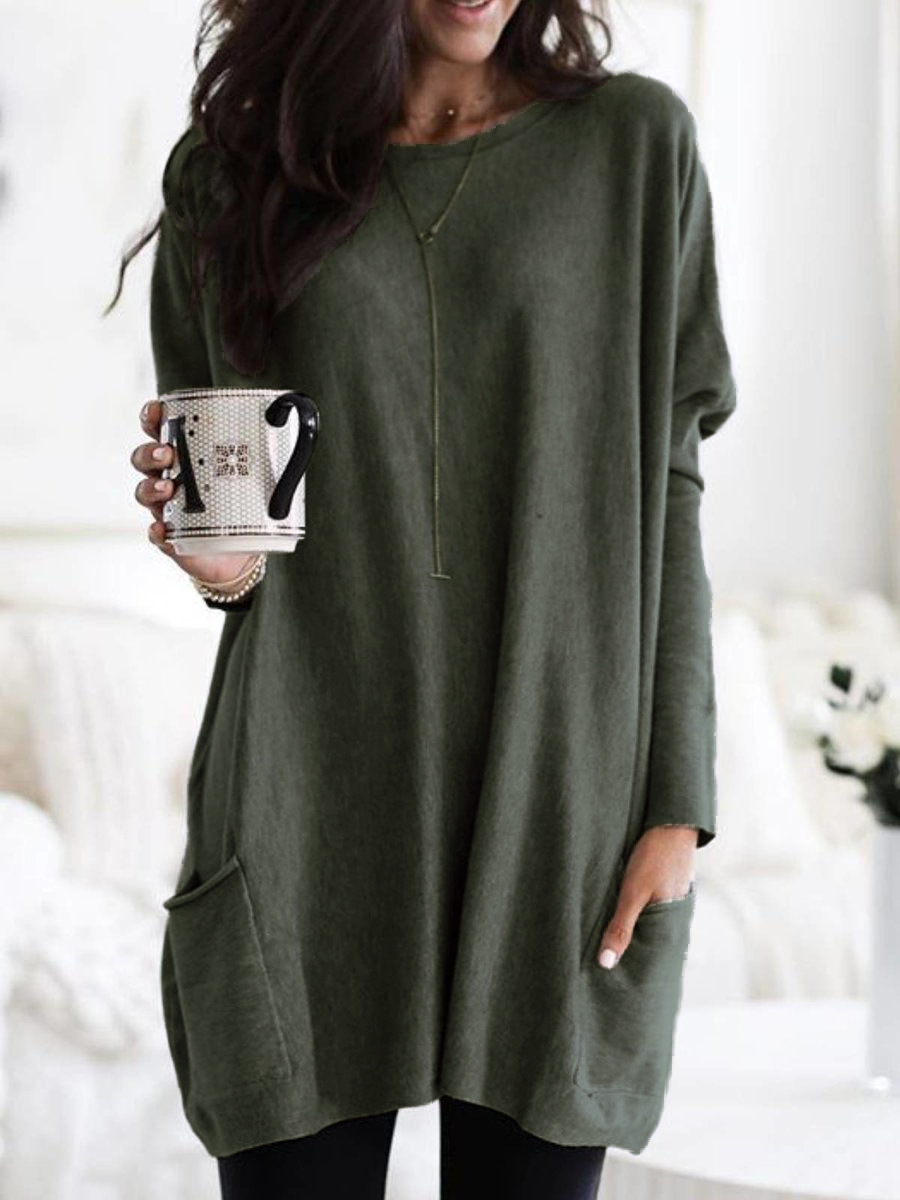 Women's Long Sleeve Pocket T-Shirt Casual Loose Fit Crew Neck Top