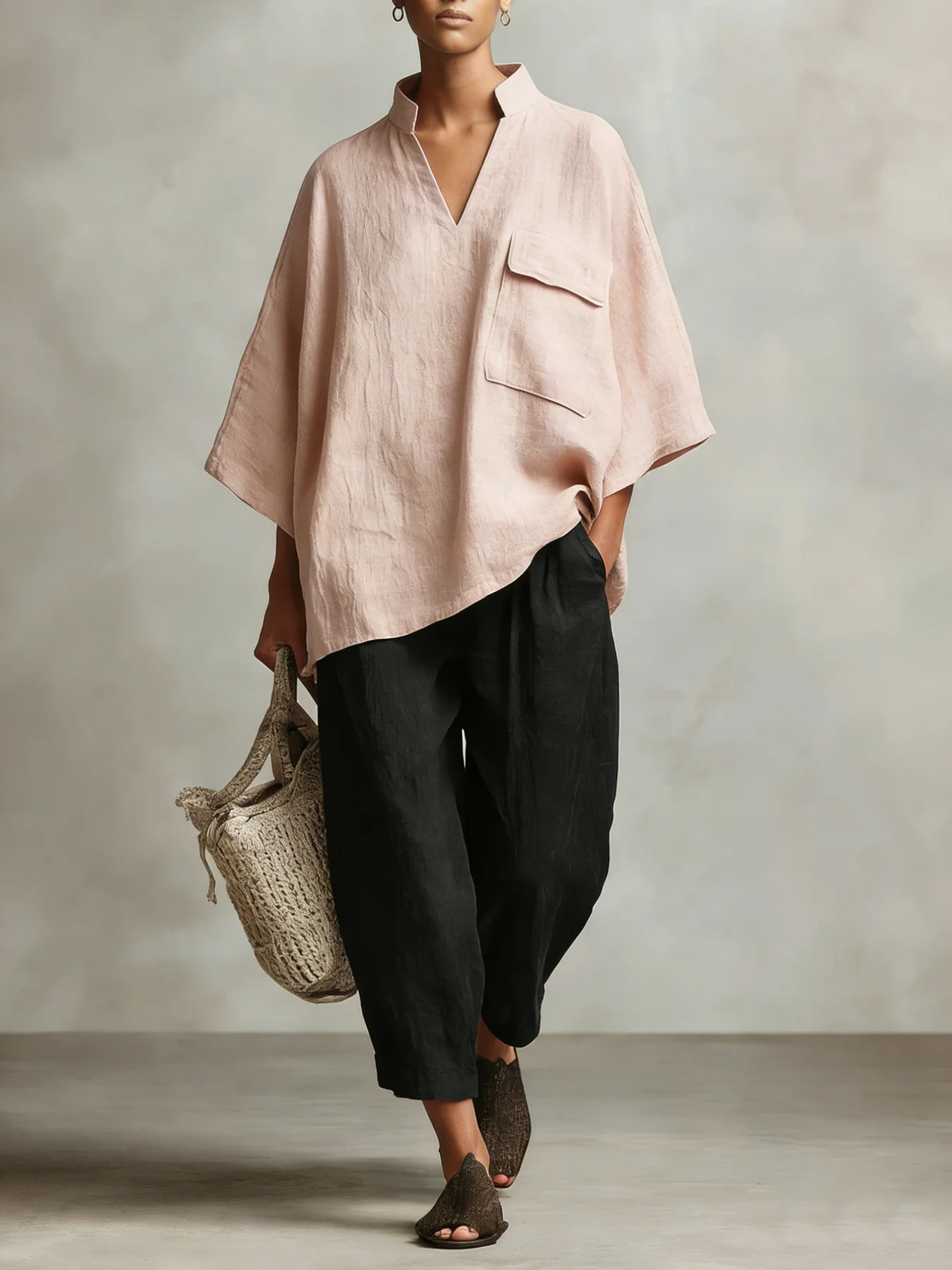 Women's Loose Linen Blend V-Neck Short Sleeve Shirt Solid Color