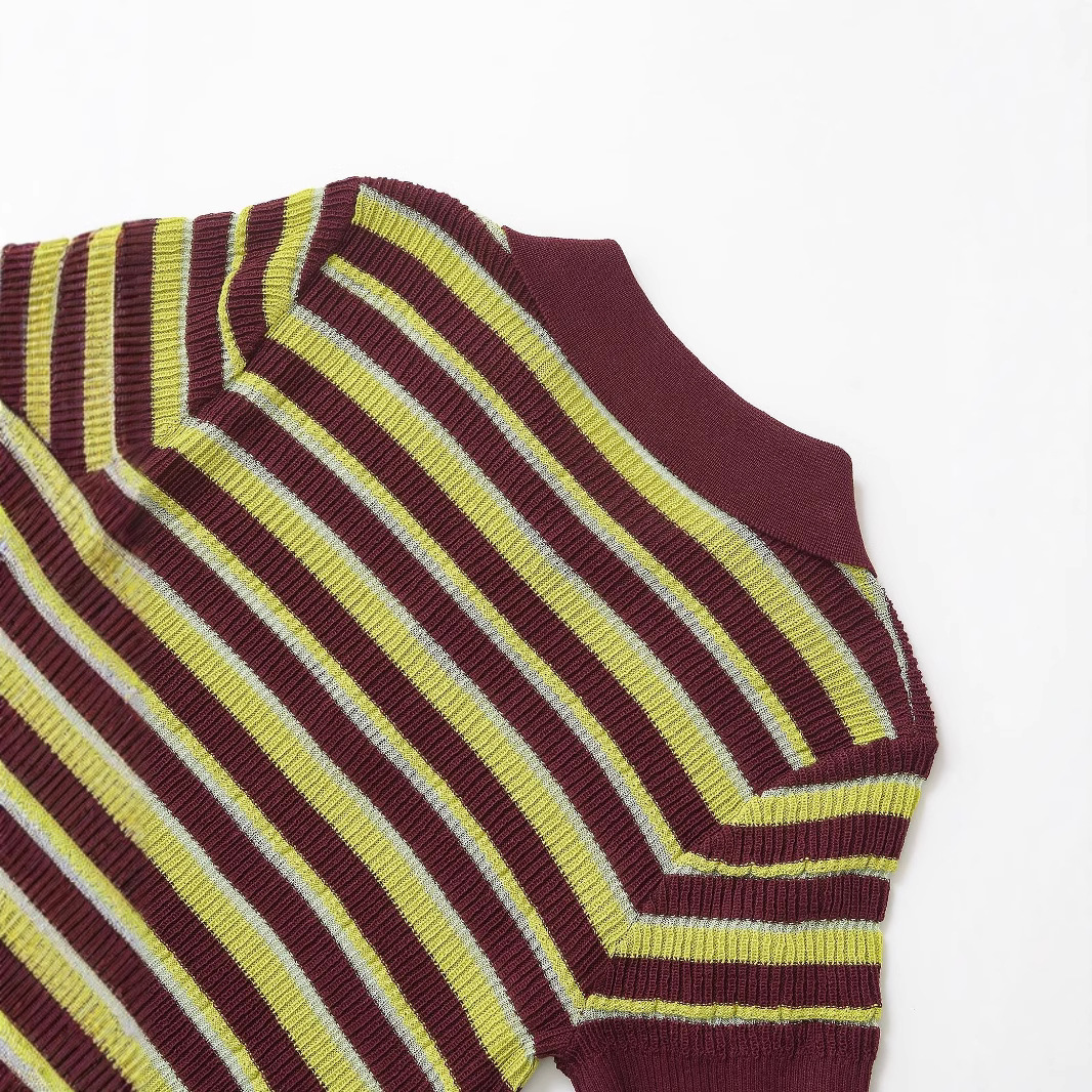 Striped Polo Neck Knit Short Sleeve Top