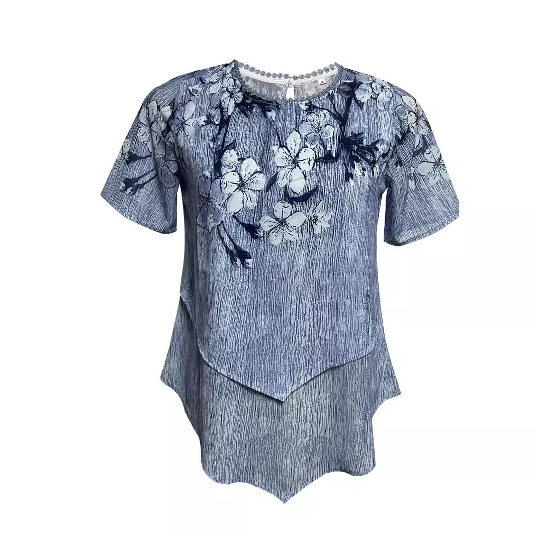 Floral Print Round Neck Asymmetric Short Sleeve Double-Layer Top