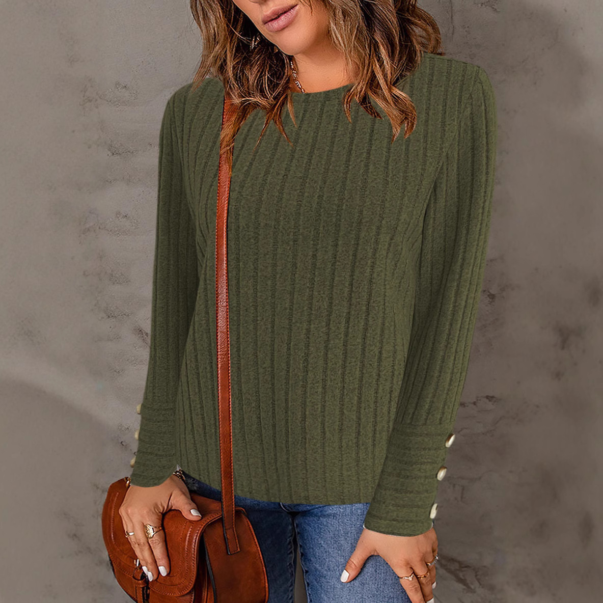 Women's Solid Color Crewneck Long Sleeve Button Top