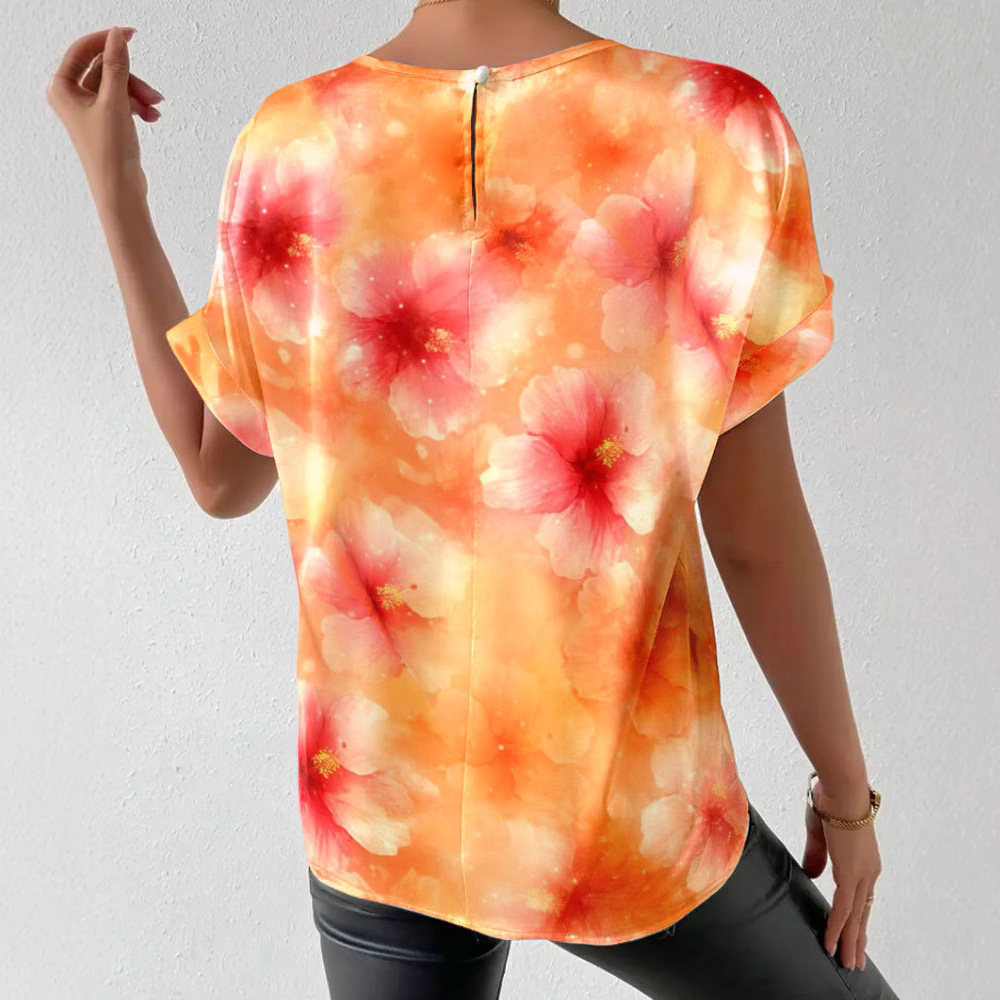 Tie-Dye Floral Crewneck Short-Sleeve Pullover Top