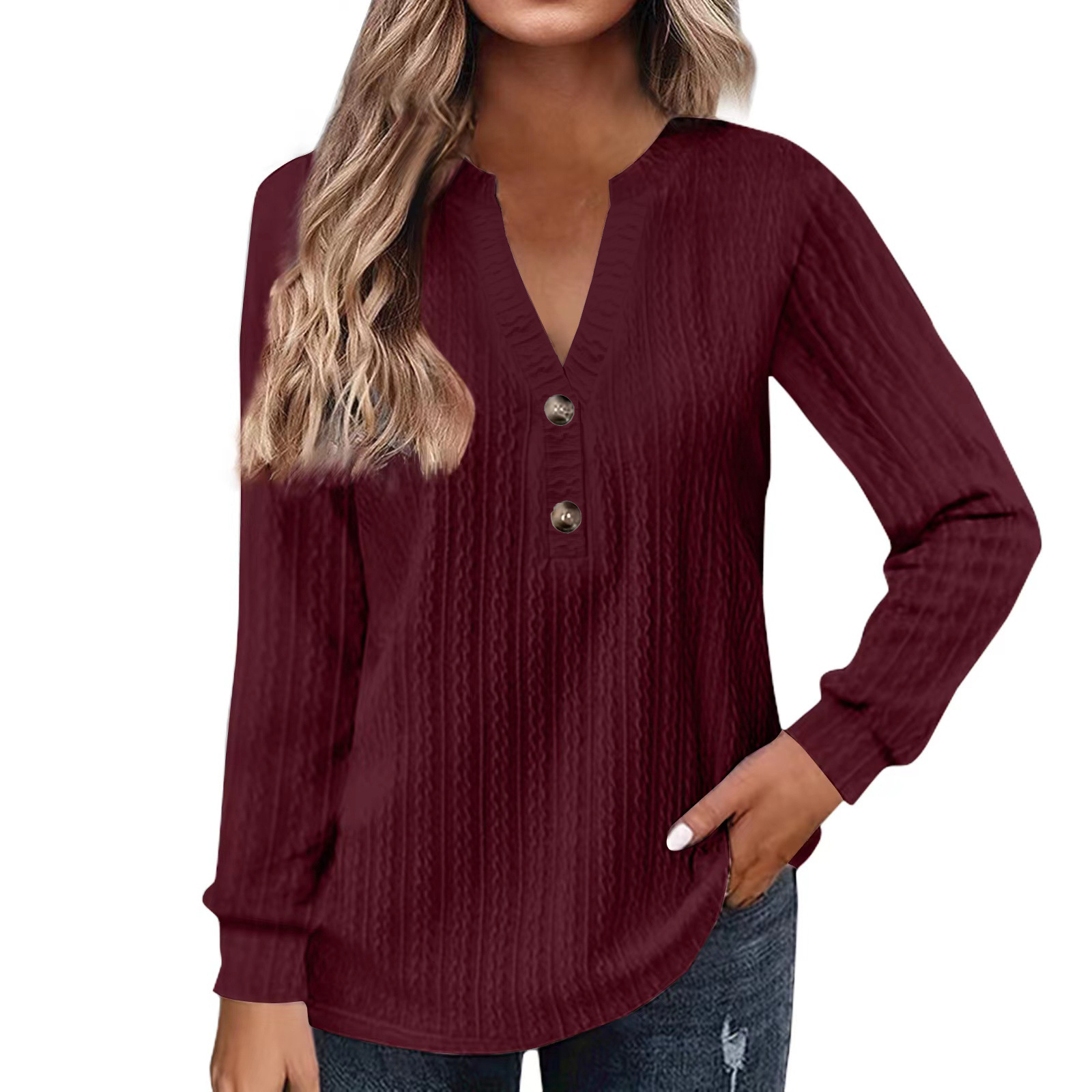 Women's Long Sleeve V-Neck Button T-Shirt Solid Color Top