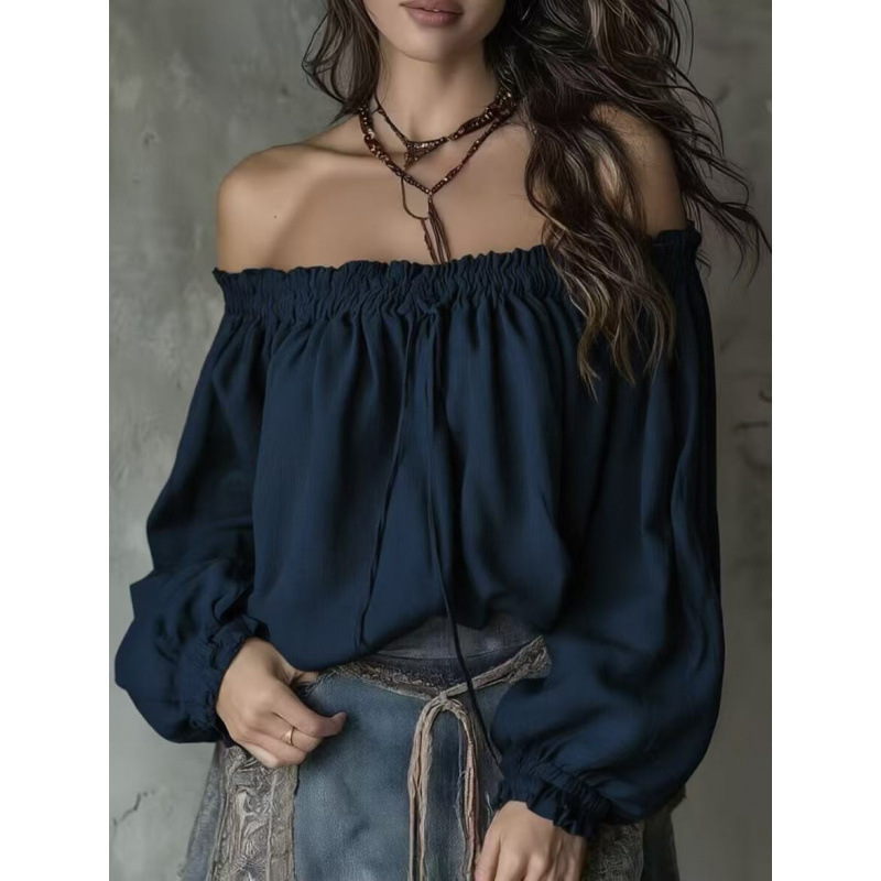 Off-Shoulder Chiffon Blouse with Puff Sleeves and Drawstring Neckline