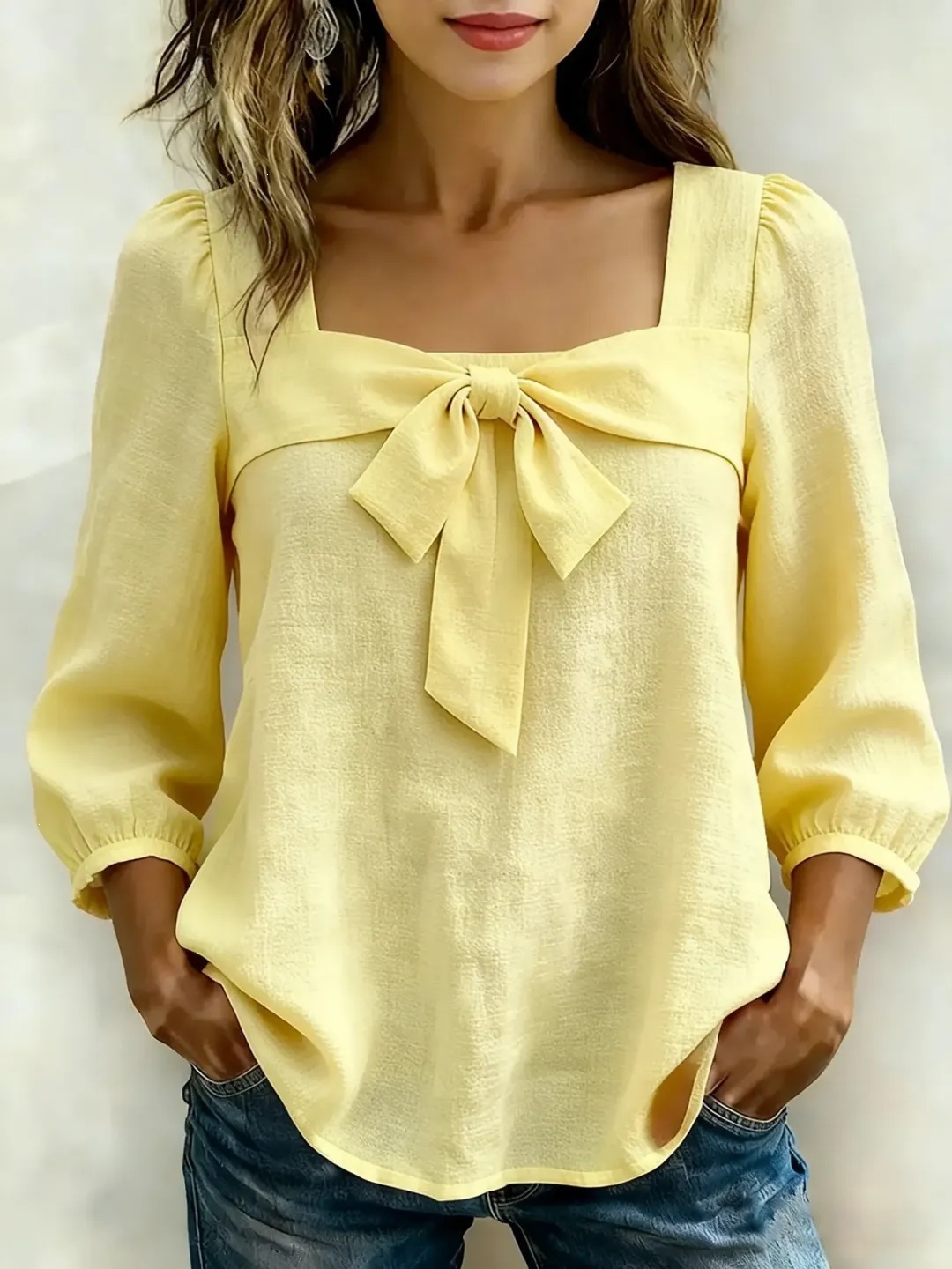 Women's Square Neck Bow Tie Blouse Casual Sweet Top