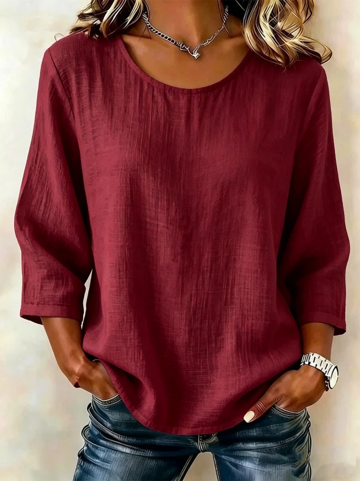 Women's Solid Crewneck Nine-Sleeve Loose Casual Top