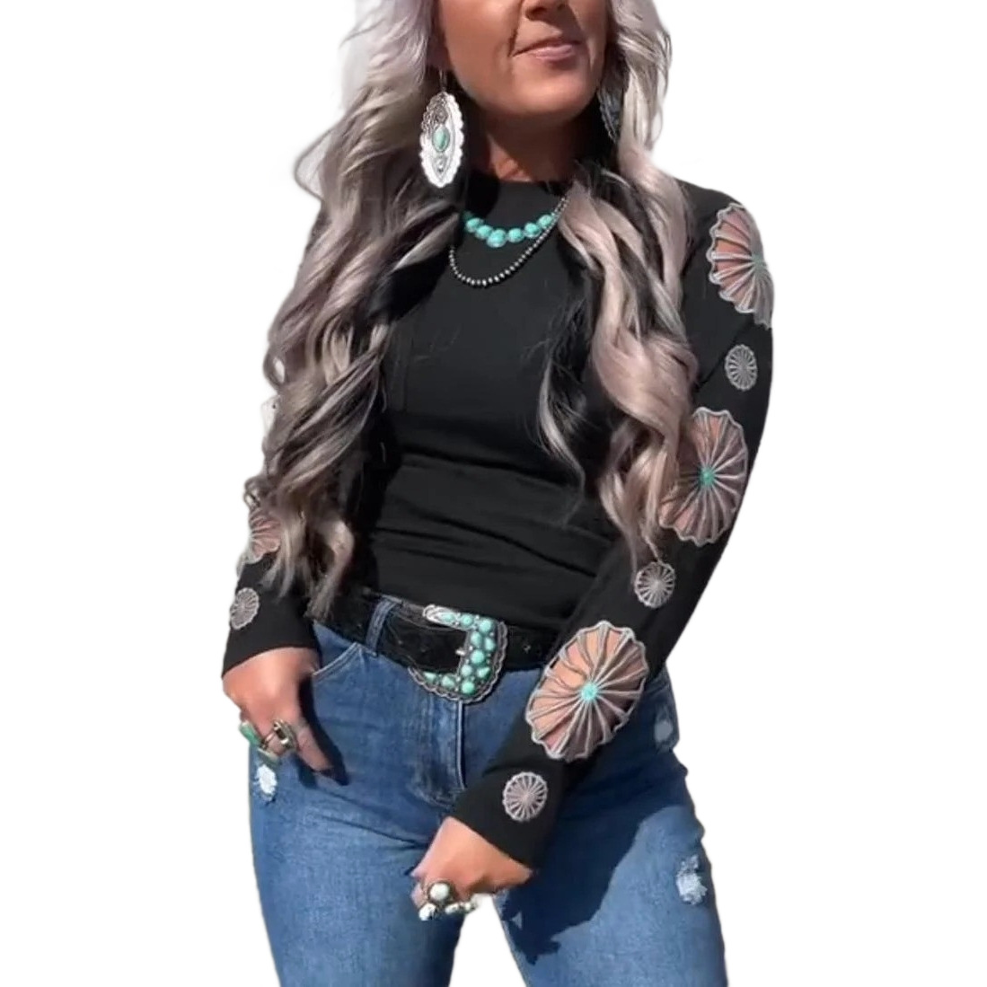 Women's Embroidered Cutout Crewneck Long Sleeve Top